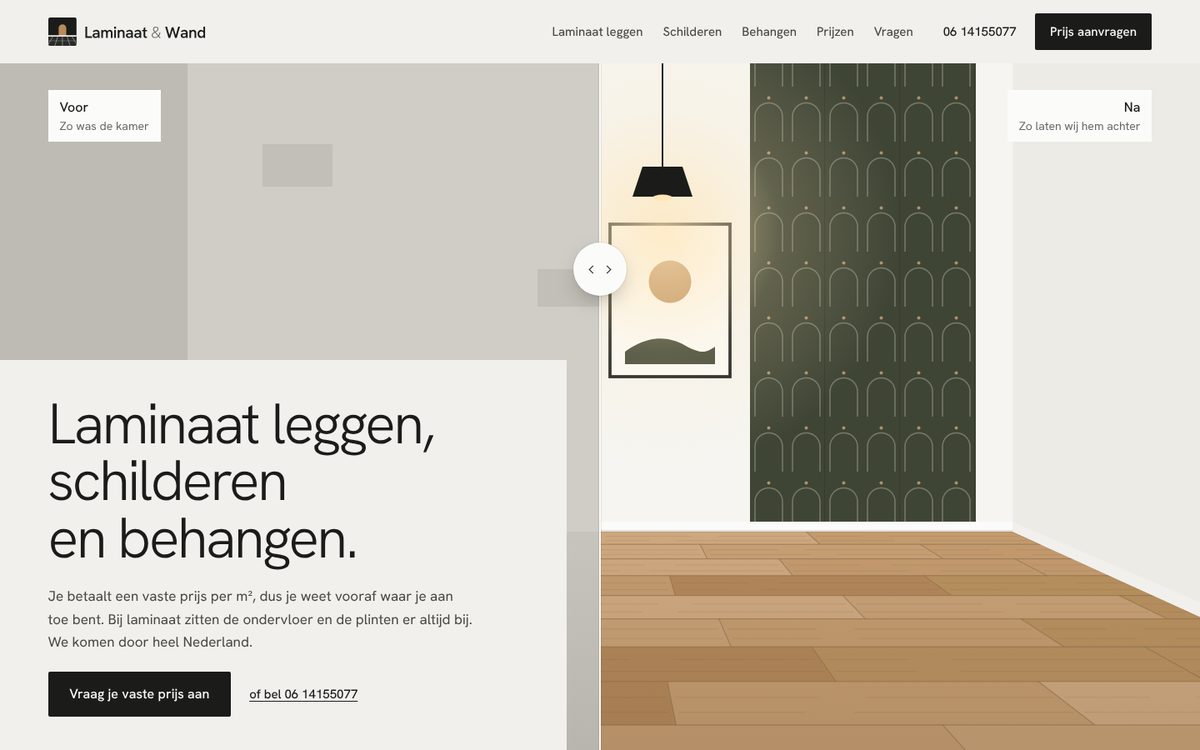Homepage van laminaatwand.nl met een voor-en-na-schuif van een kamer